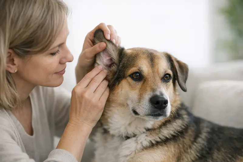Detailansicht der Ohr-Anatomie eines Hundes, die äußeren, mittleren und inneren Ohrstrukturen zeigt.