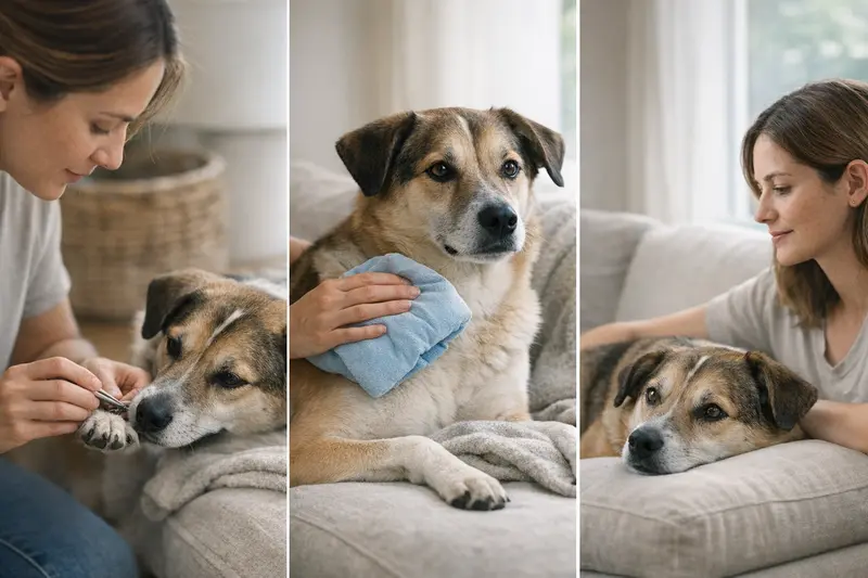 Ein Hund wird sanft behandelt, während ein Stich entfernt, gekühlt und beobachtet wird.