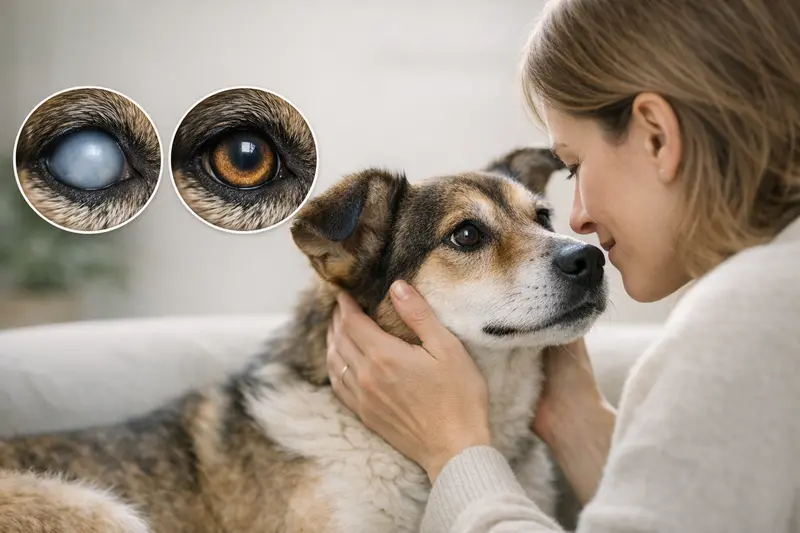 Eine Katze mit Linsentrübung im Vergleich zu einem normalen Auge, zur Veranschaulichung von Kernsklerose und Katarakt.