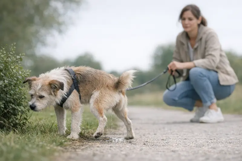 Ein Hund wird beim häufigen Urinieren während eines Spaziergangs beobachtet.