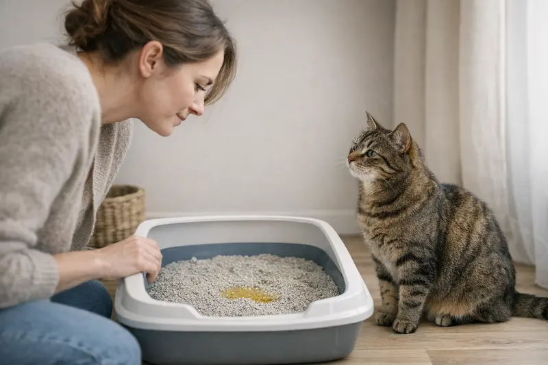 Eine Katze sitzt neben einer Katzentoilette mit einer auffälligen Urinfärbung, die auf mögliche gesundheitliche Probleme hinweist.