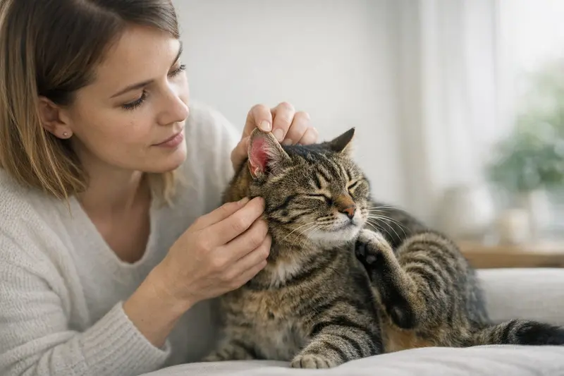 Eine Katze mit einer leichten Rötung im Ohr und einem vorsichtigen Kratzen.