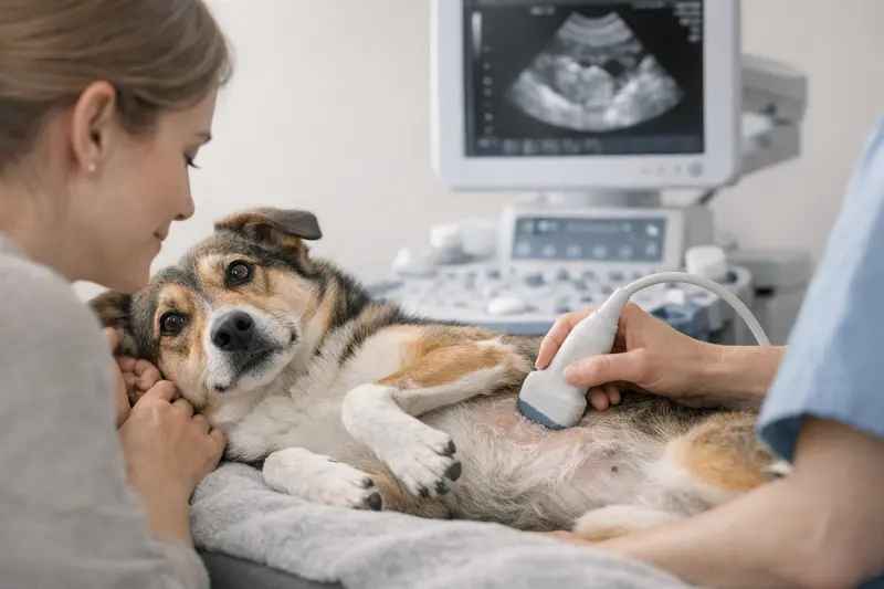 Ein Tierarzt führt einen Ultraschall bei einem Hund durch, wobei die Sonde auf dem Bauch des Tieres platziert ist.