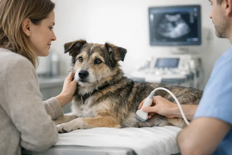 Ein ruhiger Hund wird in einer tierärztlichen Klinik untersucht.