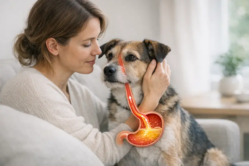 Schematische Darstellung der Verdauungsstrecke eines Hundes, einschließlich der Speiseröhre und des Magens, mit Fokus auf den Reflux-Mechanismus.