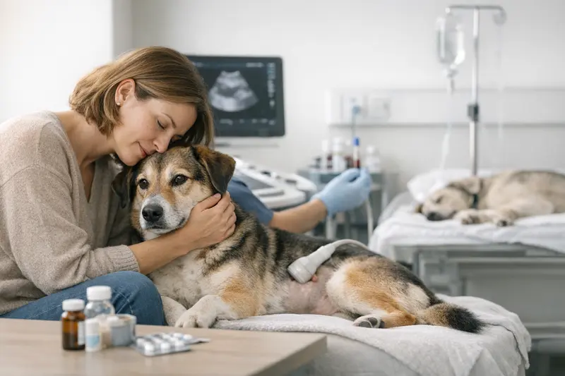 Ein Hund, der auf einem Untersuchungstisch liegt, während ein Tierarzt verschiedene Diagnosetests vorbereitet.