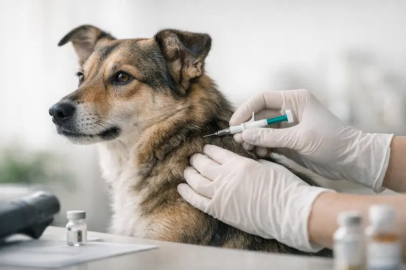 Grafische Darstellung des Ablaufs der Chip-Implantation am Nacken eines Hundes.