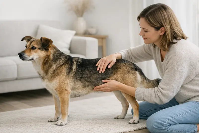 Ein Hund wird am Körper abgetastet, um den BCS-Check für eine gesunde Körperkondition durchzuführen.