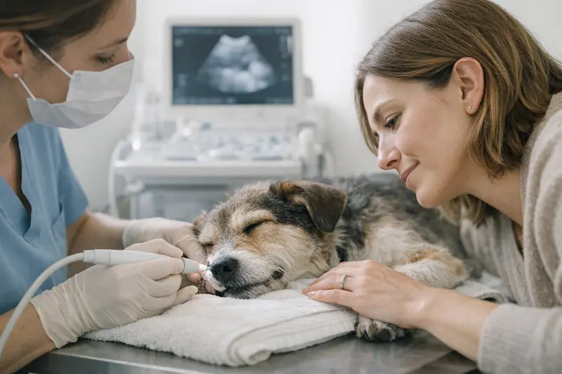 Ein Hund erhält in einer modernen Tierarztpraxis eine professionelle Zahnreinigung durch Ultraschall-Scaling.