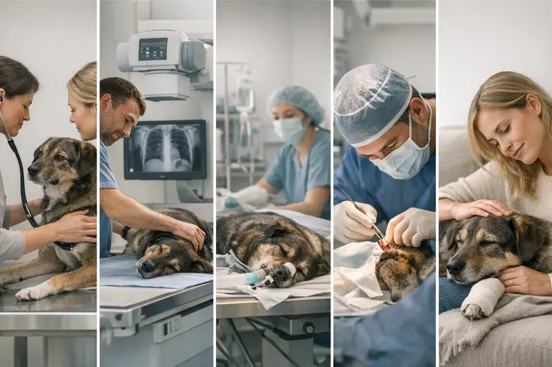 Ruhige Prozessgrafik des Behandlungsablaufs für Hunde mit Untersuchung, Röntgen, Narkose, Extraktion und Nachsorge.
