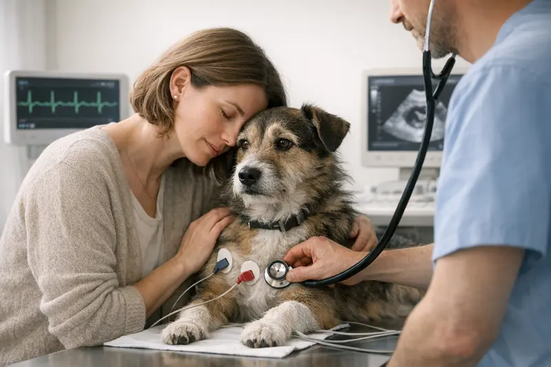 Ein Hund liegt entspannt auf einem Behandlungstisch, während ein Tierarzt mit Stethoskop und EKG-Gerät untersucht.