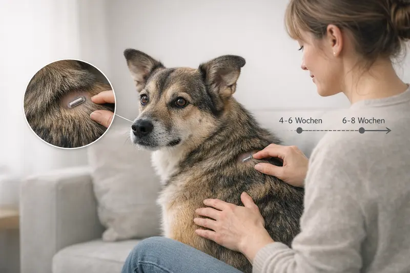 Schematische Darstellung der Implantationsstelle für den Eingriff bei Hunden zwischen den Schulterblättern sowie der Zeitstrahl zur Wirkung über 4-8 Wochen.
