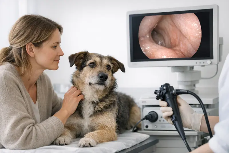 Endoskopie-Setup mit Kamera und Monitor für die Diagnostik bei Hunden ohne Operation.