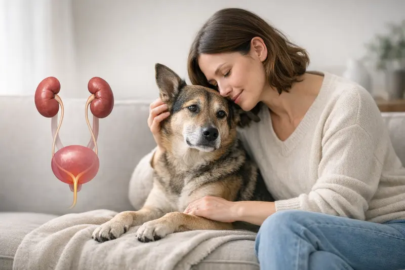 Grafische Darstellung des Harntrakts beim Hund, einschließlich Blase, Harnröhre, Harnleiter und Niere für gesundheitliche Aufklärung.