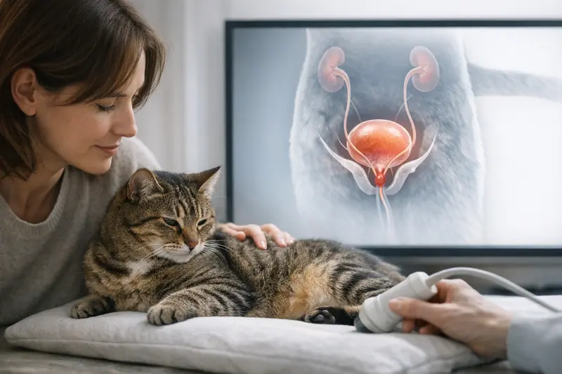 Detailansicht des Harntrakts einer Katze, inklusive Blase, Harnleiter und Harnröhre zur Veranschaulichung des Harnwegsverschlusses.