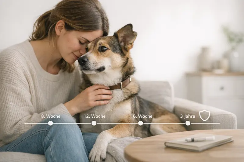 Grafik einer Timeline mit Impfungen für Hunde in der 8., 12. und 16. Woche sowie der 3-Jahres-Auffrischung.