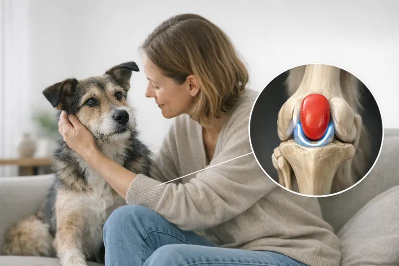 Grafische Darstellung des Hundekniegelenks mit markierter Kniescheibe und Rollfurche zur Erklärung der Anatomie.