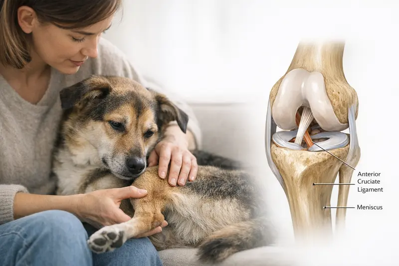 Schema des Hunde-Kniegelenks mit Fokus auf das vordere Kreuzband und den Meniskus.