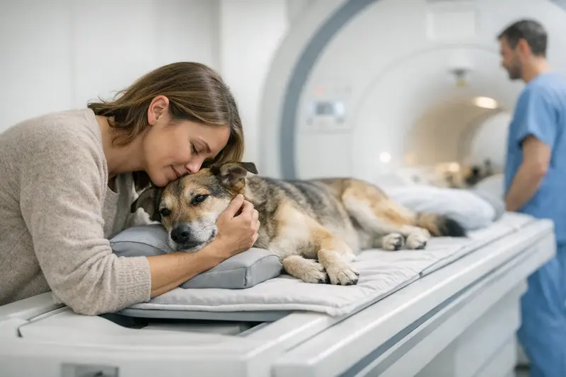 Ein Hund liegt auf einem Untersuchungstisch in einer Tierklinik, umgeben von einem MRT-Scanner.