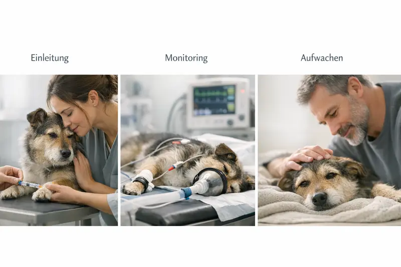 Grafik zur Veranschaulichung des Narkoseablaufs bei Hunden, einschließlich Einleitung, Monitoring und Aufwachen.