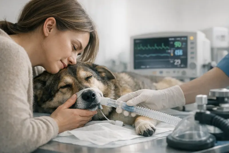 Ein Hund wird im Rahmen einer Narkose durch eine Maske beatmet, während Vitalzeichen überwacht werden.