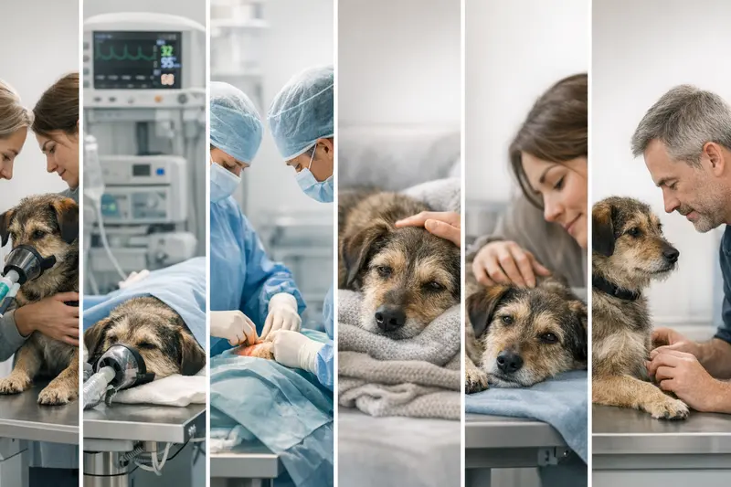 Visualisierung des OP-Prozesses für Hunde, von der Voruntersuchung bis zum Fädenziehen.