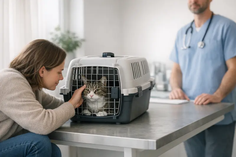 Eine ruhige Katze sitzt in einer Transportbox in einem Behandlungsraum des Tierarztes.