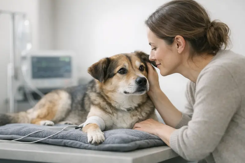 Eine Katze liegt auf einer Wärmematte in einer modernen Tierarztpraxis, während ihre Vitalwerte überwacht werden.
