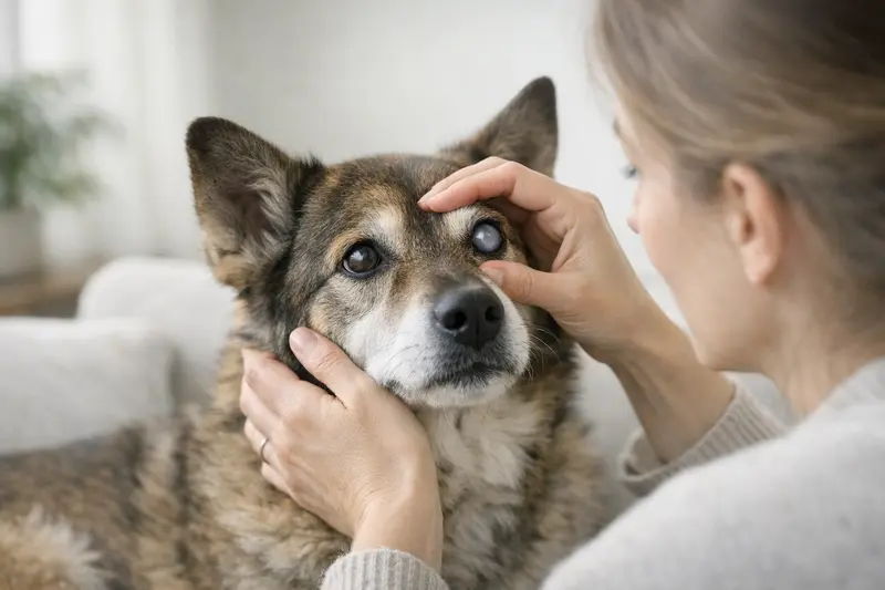 Ein neugieriger Hund mit Linsentrübung blickt in die Kamera mit einem vertrauensvollen Ausdruck.