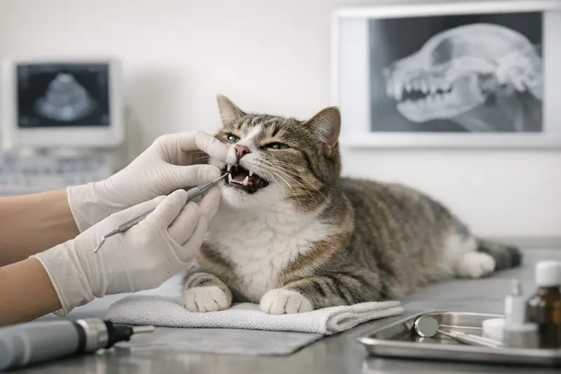 Eine ruhige Katze in einer Tierarztpraxis, die für eine Maul- und Zahndiagnostik vorbereitet wird.