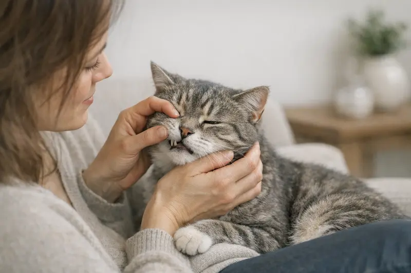 Eine sanftblickende Katze mit sichtbaren Zahnschmerzen, die auf ein Kissen liegt.