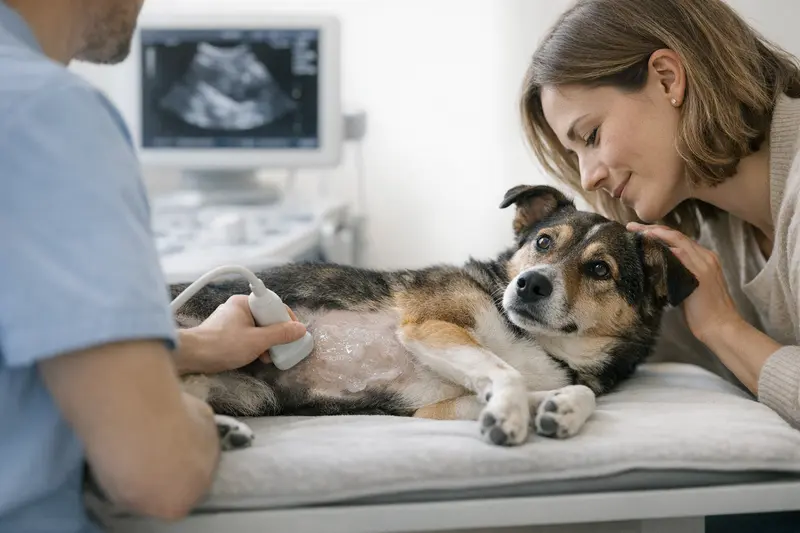 Ein Hund auf einem Untersuchungstisch, während ein Tierarzt den Schallkopf für eine Ultraschalluntersuchung vorbereitet.