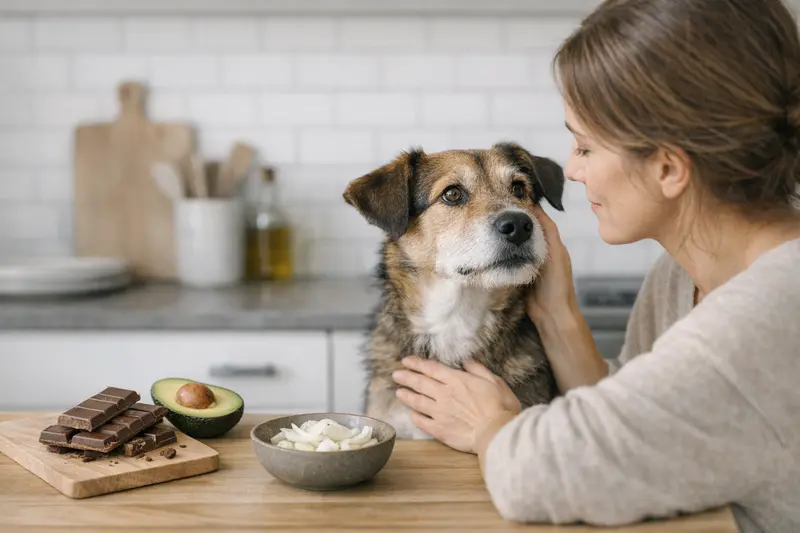 Küchenumgebung mit einer visuellen Darstellung von No-Go-Lebensmitteln für Katzen wie Schokolade, Zwiebeln und Avocado.