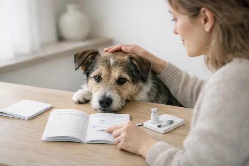 Ein sorgfältig geführter Impfpass für einen Hund zeigt die Impfhistorie und geplante Impfungen.