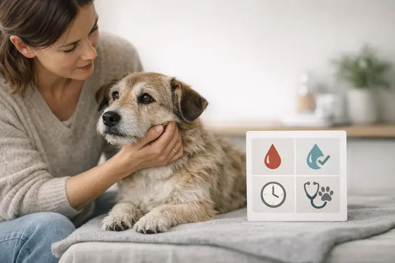 Notfall-Check für Katzen mit Icons zu Blut, Dehydratation, Häufigkeit und Allgemeinzustand.