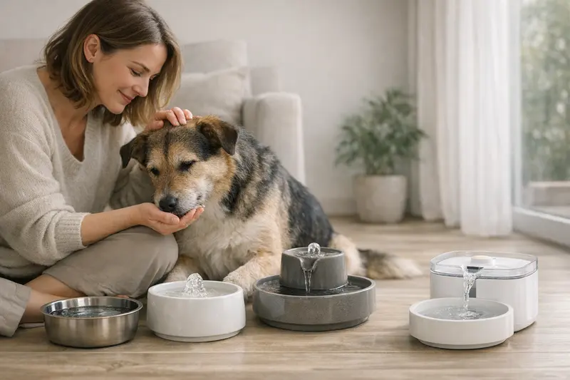 Eine Katze trinkt an einem modernen Trinkbrunnen und mehreren Wassernäpfen zur optimalen Hydration.