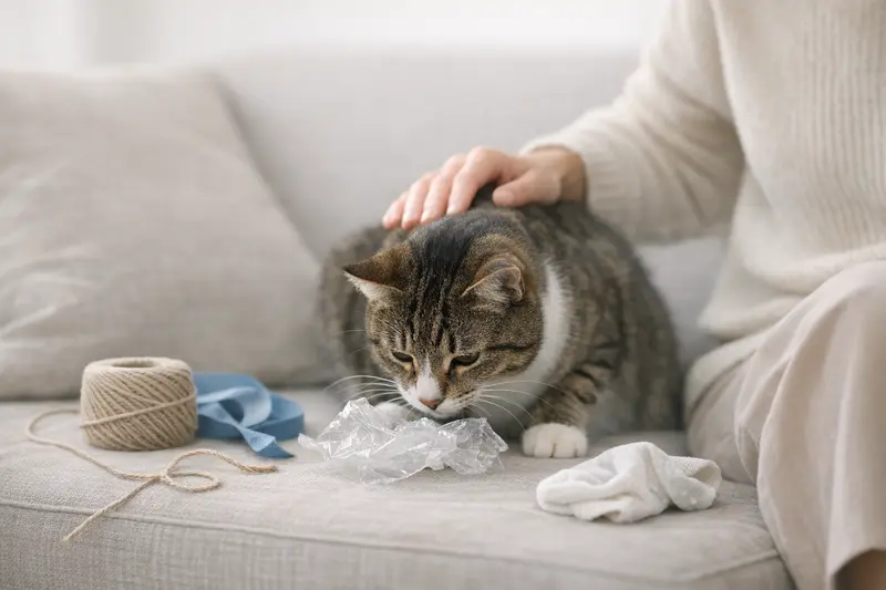 Eine Katze untersucht gefährliche Haushaltsgegenstände wie Schnüre und Plastikteile.