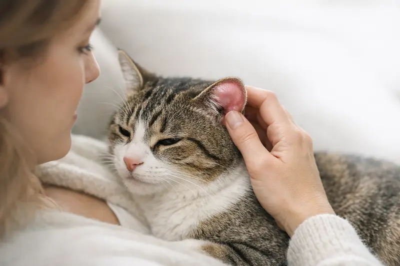 Nahaufnahme einer geschwollenen Ohrmuschel einer Katze zur Erkennung möglicher Symptome.
