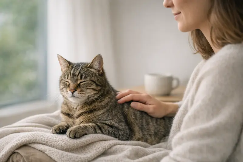 Eine entspannte Katze in einer ruhigen Umgebung, die friedlich atmet und beobachtet.