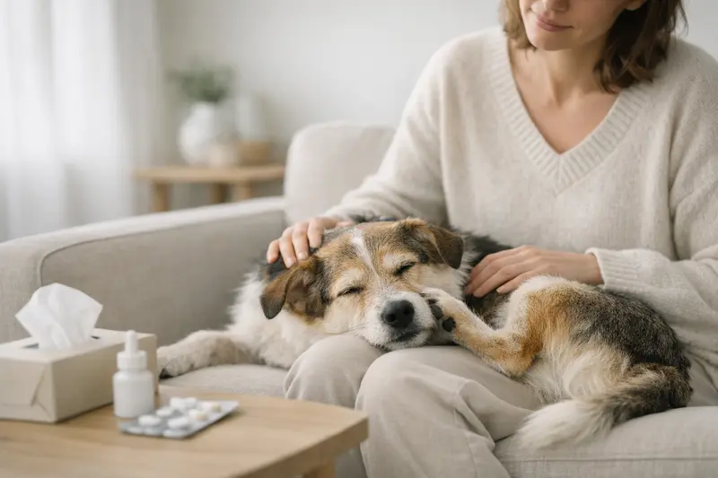 Ein ruhiger Hund entspannt in einem sauberen Zuhause und spiegelt eine Alltagssituation bei Allergien wider.