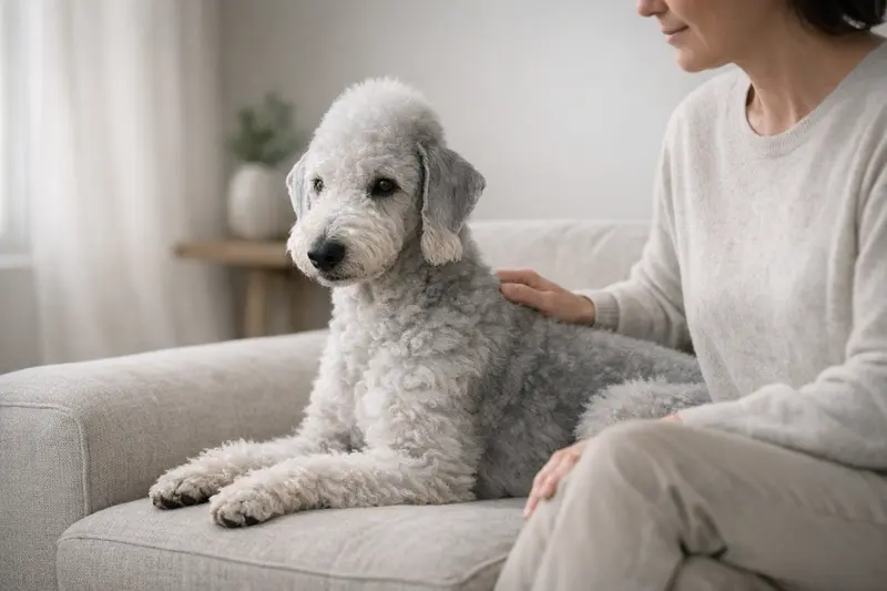 Ein Bedlington Terrier in einer ruhigen Umgebung, ideal zur Rassezuordnung ohne Niedlichkeitsfokus.