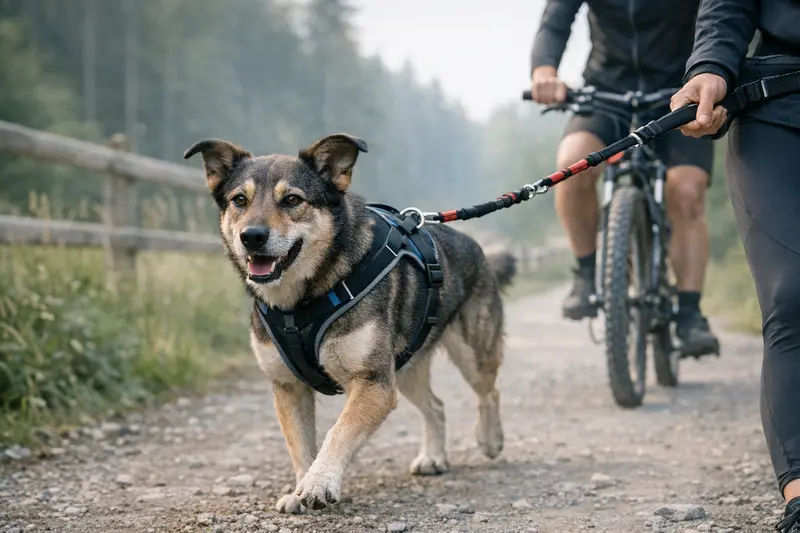 Ein Hund mit Zuggeschirr und Leine, sicher im Canicross unterwegs.