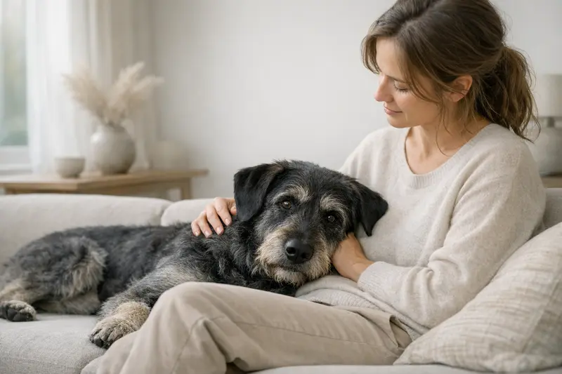 Ein Riesenschnauzer sitzt entspannt in einer eleganten Wohnumgebung und strahlt Ruhe aus.