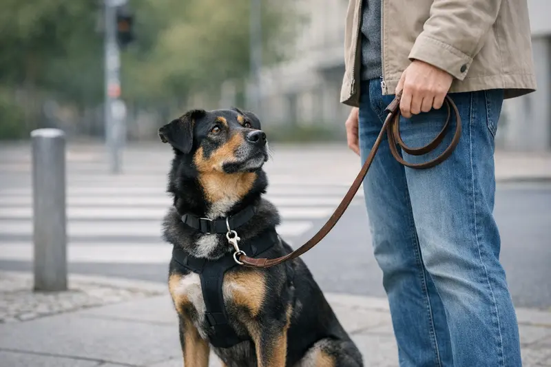 Ein Rottweiler an der Leine zeigt Sicherheit und Verantwortung in seiner täglichen Umgebung.