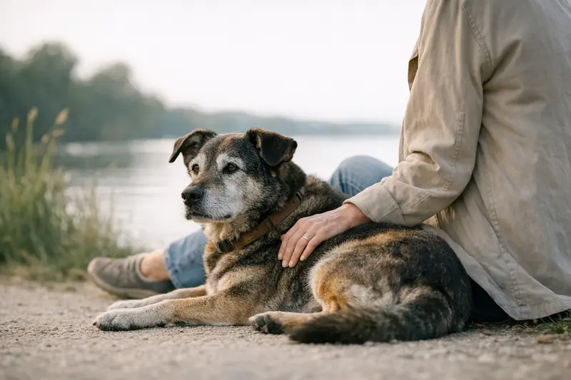 Ein älterer Hund entspannt in einer ruhigen Alltagssituation während eines Spaziergangs und zeigt geborgene Fürsorge.