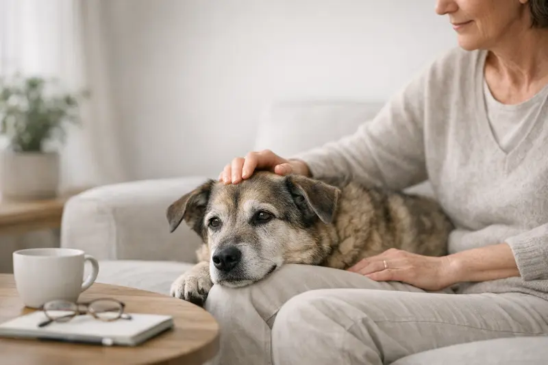 Ein älterer Hund genießt in einem ruhigen Alltag Augenblick der Fürsorge.