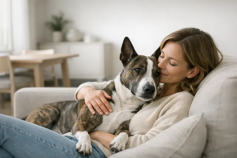 Ein Bullterrier entspannt sich mit einer Familie im Wohnzimmer und zeigt seinen freundlichen Charakter.