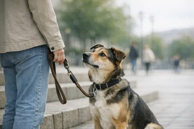 Ein Hund an der Leine wird in einem städtischen Park geführt und symbolisiert Verantwortung und Pflichten von Hundehaltern.