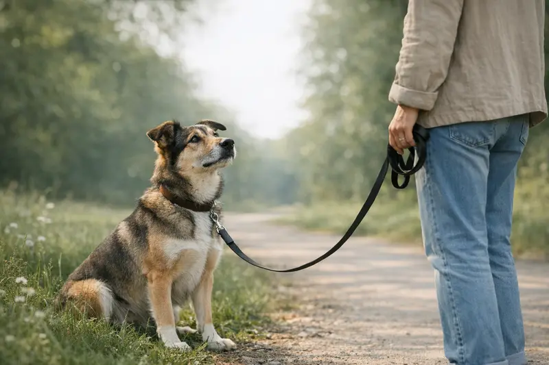 Ein aufmerksam blickender Hund an der Leine im Park, bereit für einen Spaziergang.