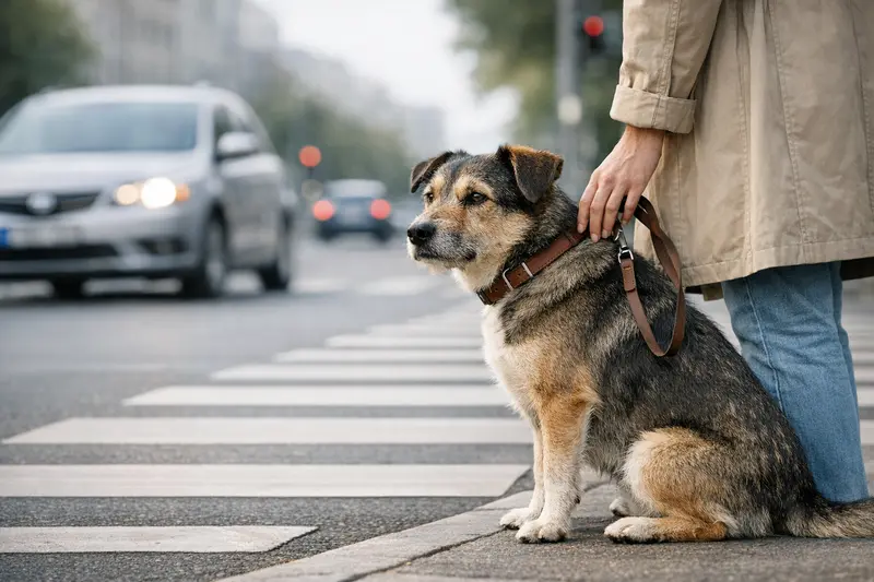 Ein Hund an der Leine steht am Zebrastreifen in der Stadt, symbolisiert das Risiko von Verkehrsunfällen.